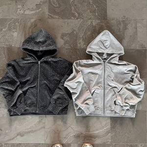 Sudadera con capucha de alta calidad para hombre, estilo vintage, 420G, con cremallera frontal completa y logo de Jesús con pedrería, venta al por mayor - Product Image 5