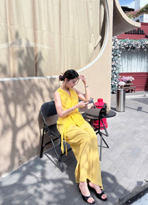Yellow Solid Sleeveless Wrap <b>Tie</b>-Bow <b>Top</b> Wide-Leg Skirt Pants Set Vietnam Cotton Linen Blend Breathable V-<b>Neck</b> Women's Long - Product Image 4