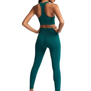 Custom Womens Solid Lace Front Yoga Legging Sports Bra Set High Waist Seamless Breathable Stretch Activewear 2-Piece Set - Product Image 4