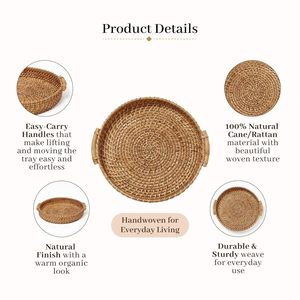Bandeja Redonda de Una Sola Capa de Ratán Grueso de 9 Hilos Tallada a Mano de Alta Calidad con Asas, Diseño Rústico Pequeño para Cocina y Comedor - Product Image 5