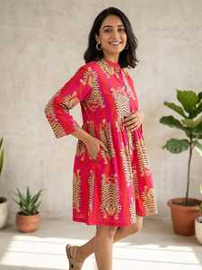 Pink Embroidered Digital Animal Boho <b>Dress</b> <b>Bell</b> <b>Sleeve</b> A-Line Mini Casual Daily Summer Pockets Washable Natural Woven Cotton - Product Image 3