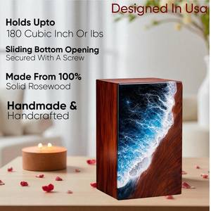 Handcrafted Ocean Wave Resin Urn Wooden <b>Memorial</b> Keepsake for humane ashes medium size 9x5.5 inches urn <b>box</b> - Product Image 4