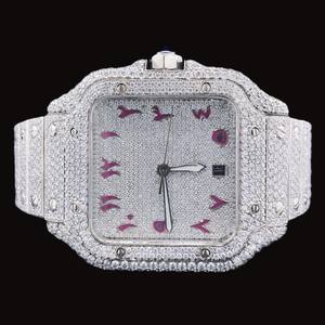 Iced Out Pink Arabic Numerals Dial <b>Watch</b> Silver Square Fully Diamond Quartz Mechanical Bust Down Hip Hop Luxury Man's Wristwatch - Product Image 1