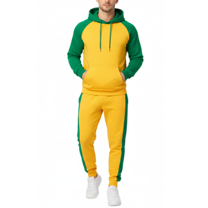 Chándal Vibrante Amarillo y Verde para Hombre |   Sudadera con capucha raglán y pantalones con franja lateral verde en contraste |   Ropa Deportiva de Dos Tonos - Product Image 1