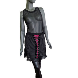 Gothic Punk Pinstripe Mini <b>Skirt</b> Women Lace-up Corset Front High Waist <b>Skirt</b> with Velvet <b>Patchwork</b> and Lace Trim - Product Image 3