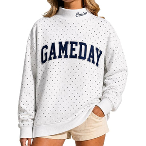 Sudadera de cuello alto blanca con lunares para mujer, estampado de letras Gameday, manga larga, tejida, transpirable, para otoño - Product Image 1