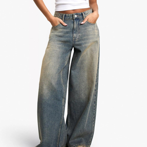 Jeans personnalisés de haute qualité pour femmes, pantalons en denim délavé, jeans droits tendance de couleur unie pour filles - Product Image 2