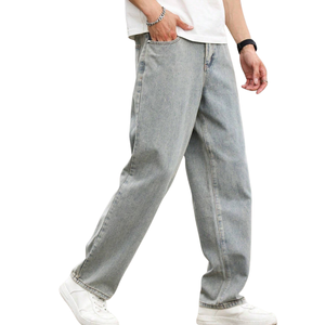 Mens Breathable Button Front Stone Wash <b>Light</b> Blue Baggy Straight Leg Denim Jeans Loose Fit Wide Leg Casual Streetwear Full - Product Image 5