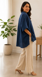 Ocean Blue Woven Solid Dupion Silk Loose V-<b>Neck</b> Top - Product Image 6