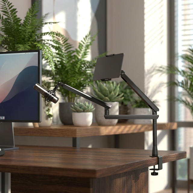AUKI Patented Modular Dual Microphone Boom Arm Adjustable Desk Mount 2.5kg Load Studio Podcast Recording Live Streaming