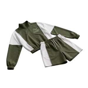Ensemble de survêtement unisexe pour enfants, color-block, manches longues, col montant, respirant, short à cordon de serrage, coupe classique, pour l'automne - Product Image 1