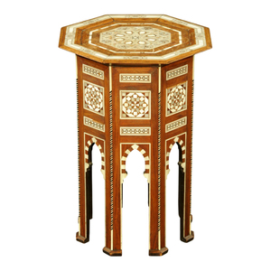 Mesa Auxiliar de Latón Marroquí Antigua Hecha a Mano con Base de Madera Plegable con Incrustaciones, Diseño Islámico, Mesa de Centro para Café - Product Image 2