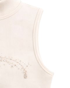 Débardeur côtelé blanc personnalisé pour femme à col montant avec bande de strass, sans manches, été, fabrication sur mesure - Product Image 5