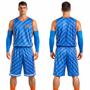 ชุดเสื้อบาสเก็ตบอลสีน้ำเงินแบบกำหนดเองสำหรับผู้ชาย ชุดกีฬาแขนกุดลายทาง ระบายอากาศได้ดี แห้งเร็ว ชุดฝึกซ้อมทีมพร้อมกางเกงขาสั้น - Product Image 1