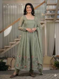 Modern Pastel <b>Green</b> Flared Anarkali Gown Suit for Women Floral Embroidery Border Work Full Sleeve Indian Party & Wedding Wear - Product Image 3