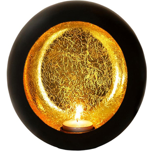 Porte-bougie rond en métal noir et or avec décoration dorée à l'intérieur, pour bougies chauffe-plat, décoration de Noël - Product Image 1