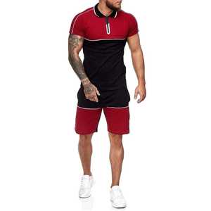 Men's <b>Red</b> Crew Neck T-<b>Shirt</b> and Black Shorts Set Casual Solid Breathable Sporty Summer Workout Wear - Product Image 4