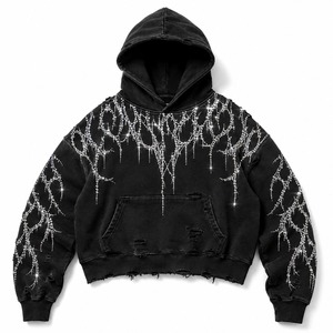 Custom Black Distressed Cropped <b>Zip</b>-Up Hoodie Rhinestone Lightning Design Faded Wash Oversized Street Wear Winter Fleece 100% - Product Image 1