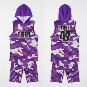 Ensemble de maillot de basket-ball camouflage violet personnalisé, à capuche, sans manches, respirant, coupe athlétique, pour hommes, équipe 47, impression sublimée - Product Image 5