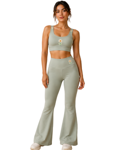Manufacturer Custom Sage Green Women <b>Flared</b> Yoga Set Embroidered Sports Bra And High Waist Bell Bottom <b>Leggings</b> Activewear Set - Product Image 1