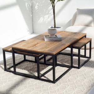 Mesa de Centro de Madera Encajada Vandana Zenova Vista con Patas de Metal Negro para Decoración Moderna del Hogar - Product Image 1