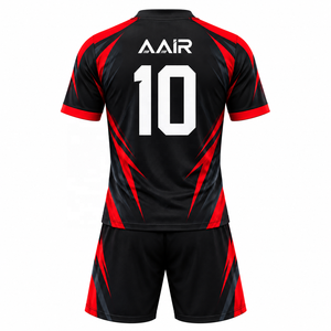 Ensemble uniforme de tennis de table AAIR noir et rouge, col en V, maillot à manches courtes, short respirant, tenue d'équipe unisexe, 100 % polyester numérique - Product Image 2