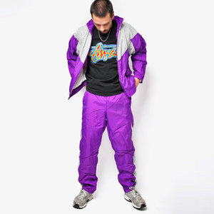 Men's Purple Color Blocking <b>Windbreaker</b> Tracksuit Set Sporty Style Turn-down Collar Breathable Polyester Spring Wear - Product Image 3