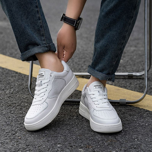 <b>White</b> <b>Leather</b> Lace-Up Sneakers Round Toe Breathable Mesh Lining Rubber Outsole All Seasons Solid Color - Product Image 5