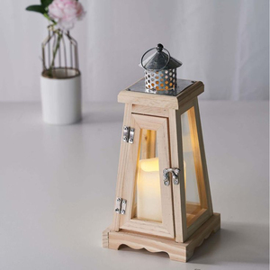 Vintage Farmhouse Wooden Candle Lantern with <b>Distressed</b> Finish and Metal <b>Top</b> Decorative Hanging Floor Lantern for Wedding Garden - Product Image 3