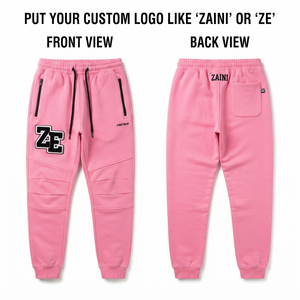Men <b>Jogger</b> Pants Premium 320 GSM Cotton Polyester Fleece Pink Cuffed <b>Joggers</b> <b>Zip</b> <b>Pockets</b> Panel Detail Custom Logo Embroidery - Product Image 1