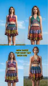 Trendy Vintage Two-Piece Floral V-neck Short Saree <b>Skirt</b> <b>Set</b> Indian Traditional Dress Women Eco-Friendly 100% Silk Breathable - Product Image 2