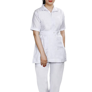 Women White Cotton Nurse Uniform <b>Scrub</b> <b>Top</b> Short Sleeve Stand Collar Hospital Workwear Blouse with Pockets - Product Image 1