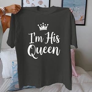 Camiseta de Mujer con Cuello Redondo y Estampado Informal de Crown I'm His Queen, 100% Algodón, Ajuste Cómodo - Product Image 3