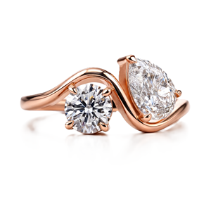 Bague Toi et Moi en or massif 10K 14K 18K avec deux pierres, diamant de laboratoire de couleur DEF, clarté VS VVS, certifié IGI, taille poire et ronde, bague de mariée - Product Image 2