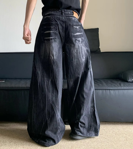 Pantalones Vaqueros de Hombre de Cintura Alta y Pierna Ancha con Estampado Desgastado, Rotos y Lavados a la Piedra, Estilo Urbano de Algodón - Product Image 3