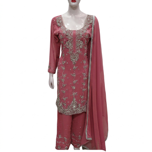 FAMUCAAS Mustard Yellow Hand Embroidered Georgette Indian/Pakistani Women's Dress Set V Neck Long Sleeve Plazo Kameez Dupatta - Product Image 4