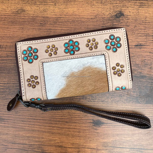 Fourrure de peau de vache usinée à la main sculpture portefeuille pochette coque de téléphone élégant concepteur portefeuille Multi utilisations Western cuir bracelet portefeuilles - Product Image 2