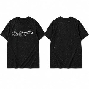 T-shirt en coton noir pour homme, manches courtes, col rond, imprimé Los Angeles, tissu jersey décontracté, respirant, coupe classique, t-shirts avec strass - Product Image 1
