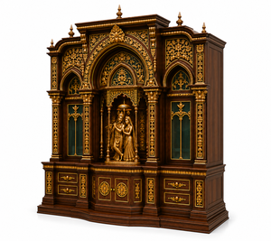 Templo de Madera de Lujo Estilo Haveli con Santuario de Radha Krishna, Mandir de Pooja de Radha Krishna Dorado, Mandir de Pooja de Madera Tallado a Mano, EE. UU. - Product Image 5