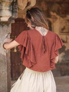 Blusa de Algodón para Mujer, Estilo Boho, Manga Corta, Cierre de Botones, Corte Regular, para Oficina, Sin Tejido, ODM - Product Image 4