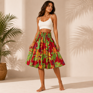 Women's <b>Elastic</b> Waist Floral Print A-Line <b>Skirt</b> Red Green Yellow Summer Casual Knee-Length Satin <b>Skirt</b> Vietnam Manufacturer - Product Image 2