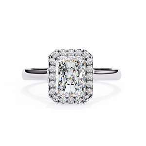 Exquisite 2.50ct Radiant Cut Lab Grown Diamond Halo Ring with Sculptural <b>Leaf</b> Gallery and Plain 18K Yellow Gold Band - Product Image 3