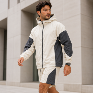 Conjunto de Chaqueta Cortavientos con Capucha y Pantalones Cortos para Hombre, Estilo Deportivo con Bloques de Color, Secado Rápido, Traje Deportivo de Poliéster para Primavera - Product Image 5
