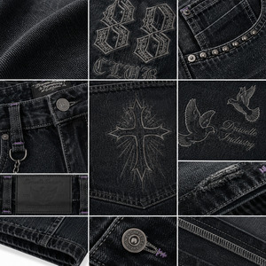 กางเกงยีนส์ขาสั้นผู้ชาย 88 Club Denim Jorts สีดำฟอกทรงหลวมสไตล์ฮิปฮอปสตรีทแวร์ พร้อมลายปักกางเขนแบบกอธิค ลายกราฟิกนกพิราบ และดีเทลโซ่ - Product Image 6