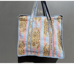 Quilted Cotton <b>Foldable</b> Storage Tote <b>Bag</b> Tiger Stripe Print Shoulder Handbag Open Top Large Capacity for Shopping Travel - Product Image 1