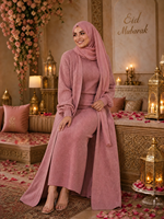 Ensemble Abaya 3 Pièces Tricoté Personnalisé ODM/OEM Rose Poudré avec Cardigan Ouvert en Maille Diamantée et Pantalon Palazzo – Tenue Modeste pour l'Aïd