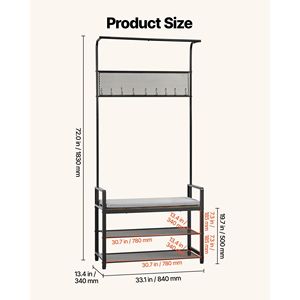 Porte-manteau autoportant de 72 pouces avec banc à chaussures, organisateur de rangement à 2 niveaux, crochets et tringle de suspension, armoire de hall avec étagère à chaussures en fil métallique - Product Image 5