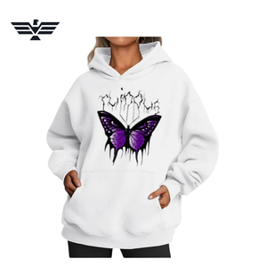 Sudadera con Capucha Negra Oversize Cómoda Unisex Casual con Bolsillo Frontal Tipo Canguro y Letra de Mariposa Rosa en Tejido - Product Image 2