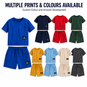 Ensemble t-shirt et short en coton tricoté unisexe à manches longues, couleur personnalisée, tenue décontractée d'été pour enfants - Product Image 5