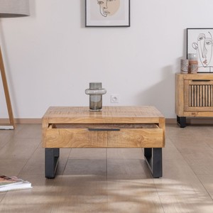 Table basse carrée Vandana Golden Contour 80 cm en bois de manguier avec pieds en métal Manoha avec grand tiroir - Product Image 4
